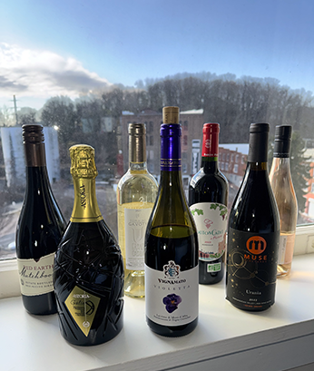 Seven bottles of wine stand on a window sill with windery scene of buildings and a hill of bare trees through the window. 