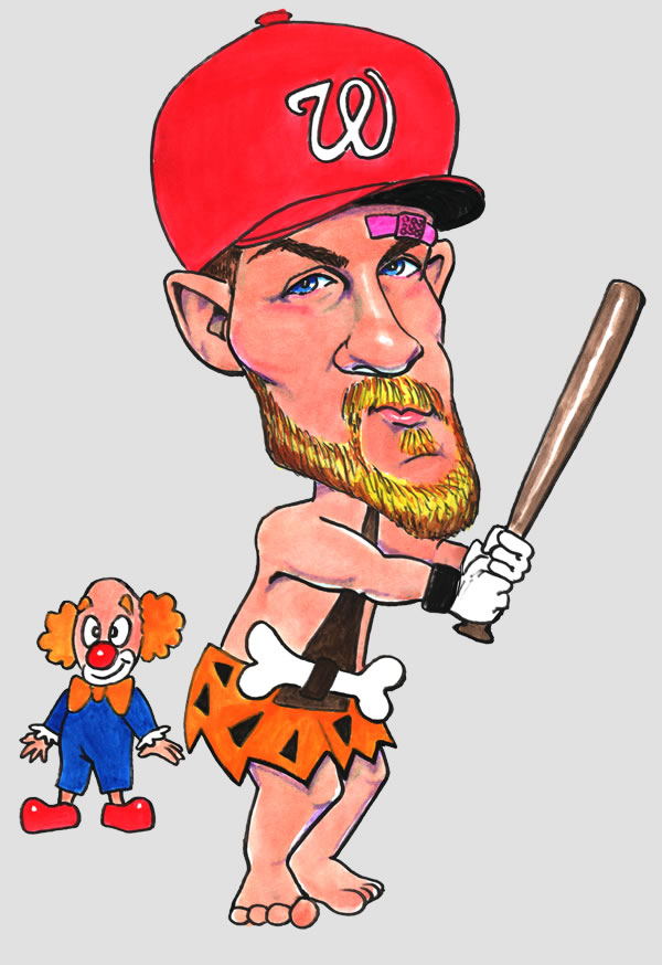 Caricature of Bryce Harper in red baseball hat with Washington Nationals' curly W, bat in hand, bandaide over one eye, dressed as Bam Bam with a clown in the backgroun